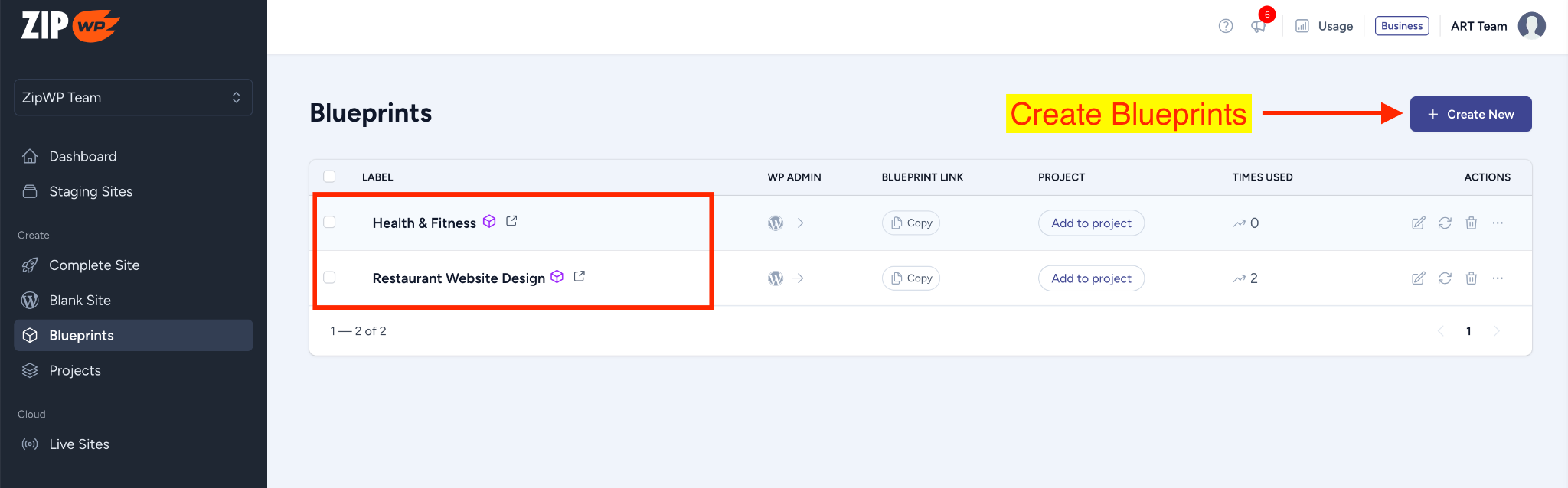 create blueprints with ZipWP