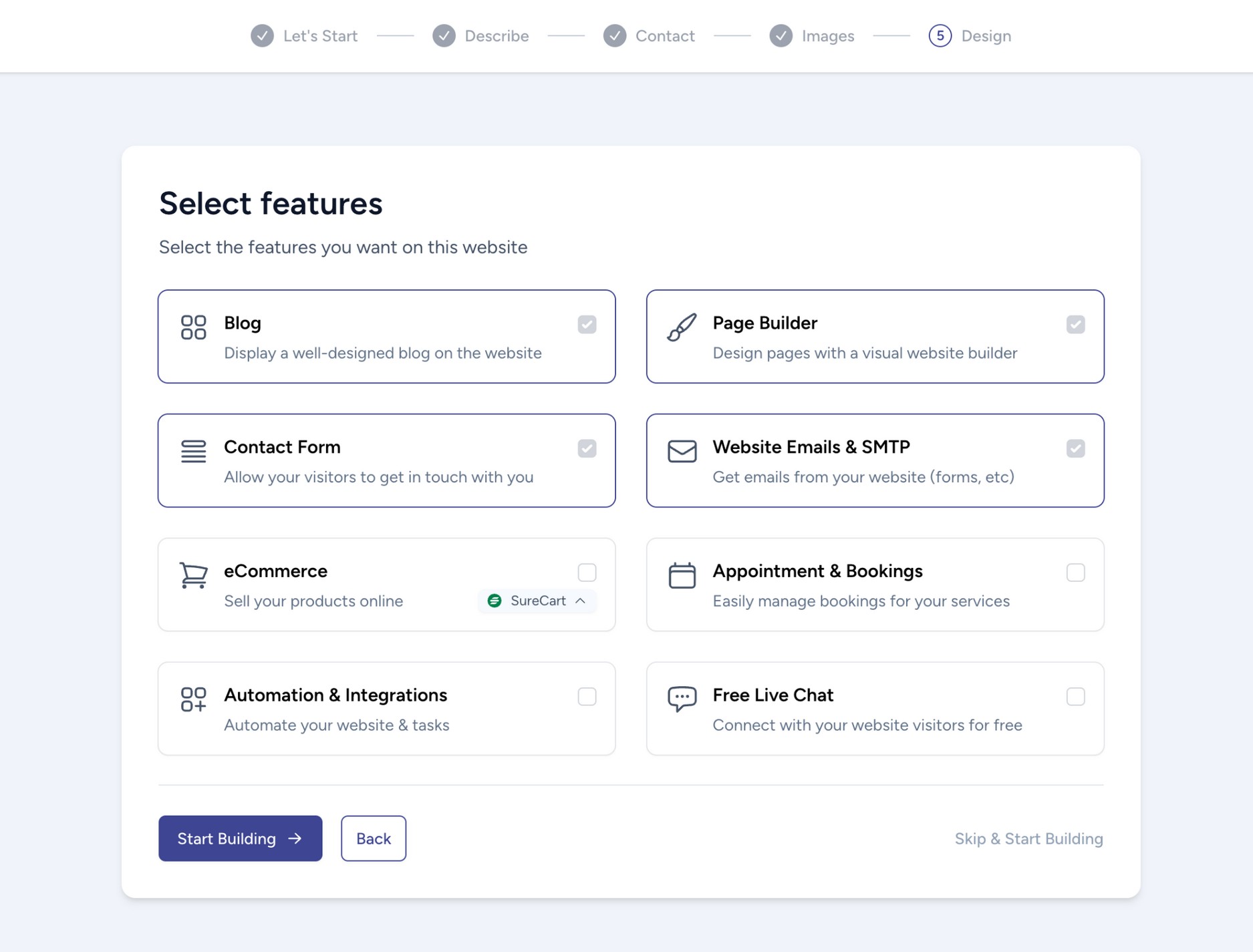 Select the features you want to add to your website.