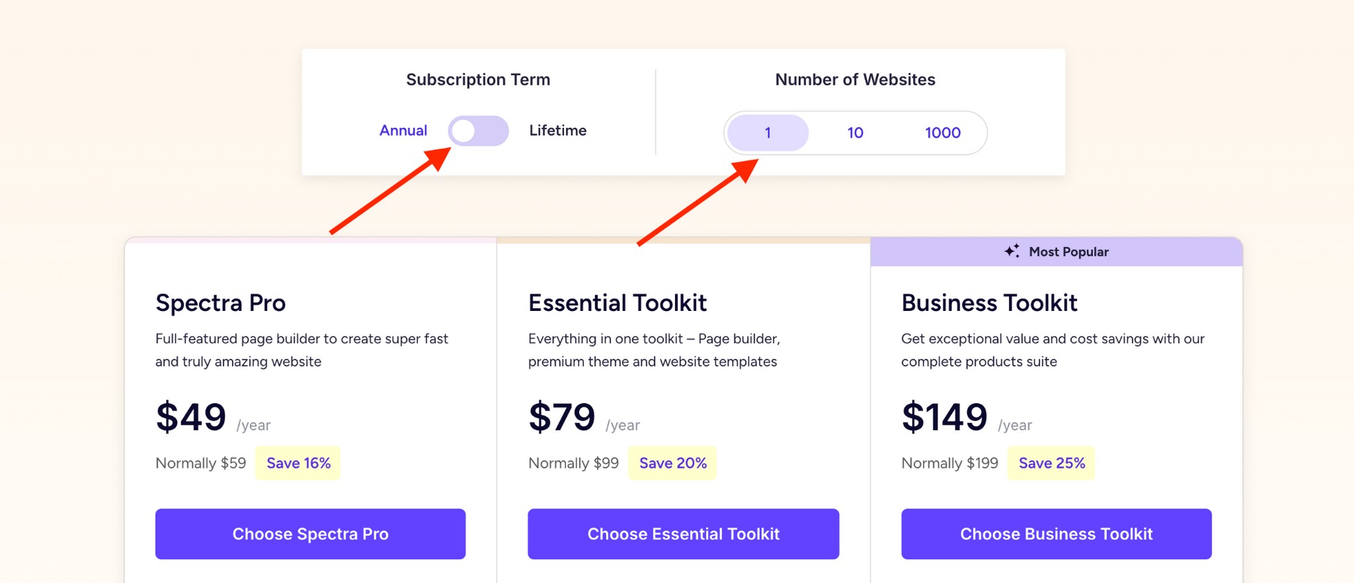 spectra page builder pricing page shows toggle elements