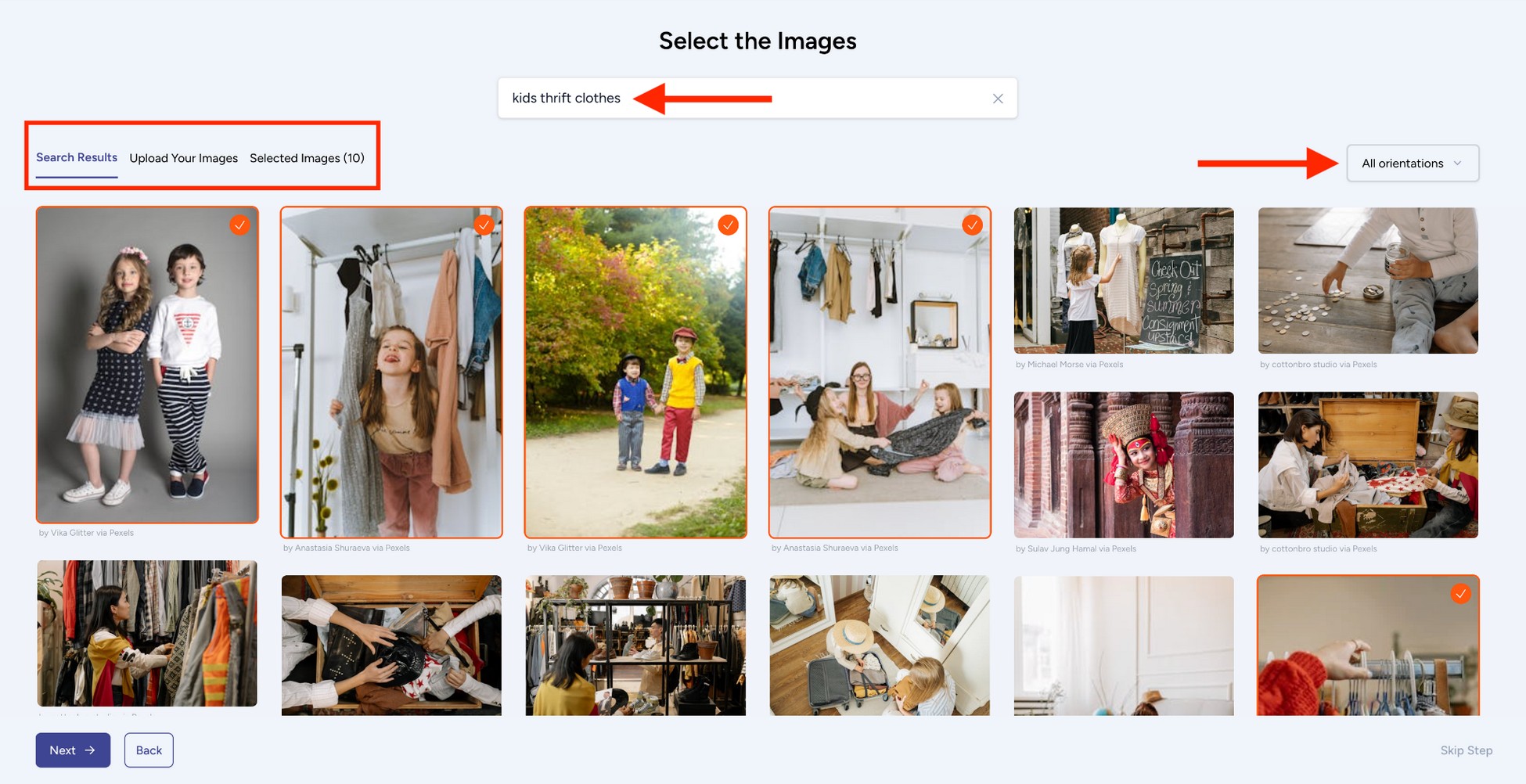 select images for website