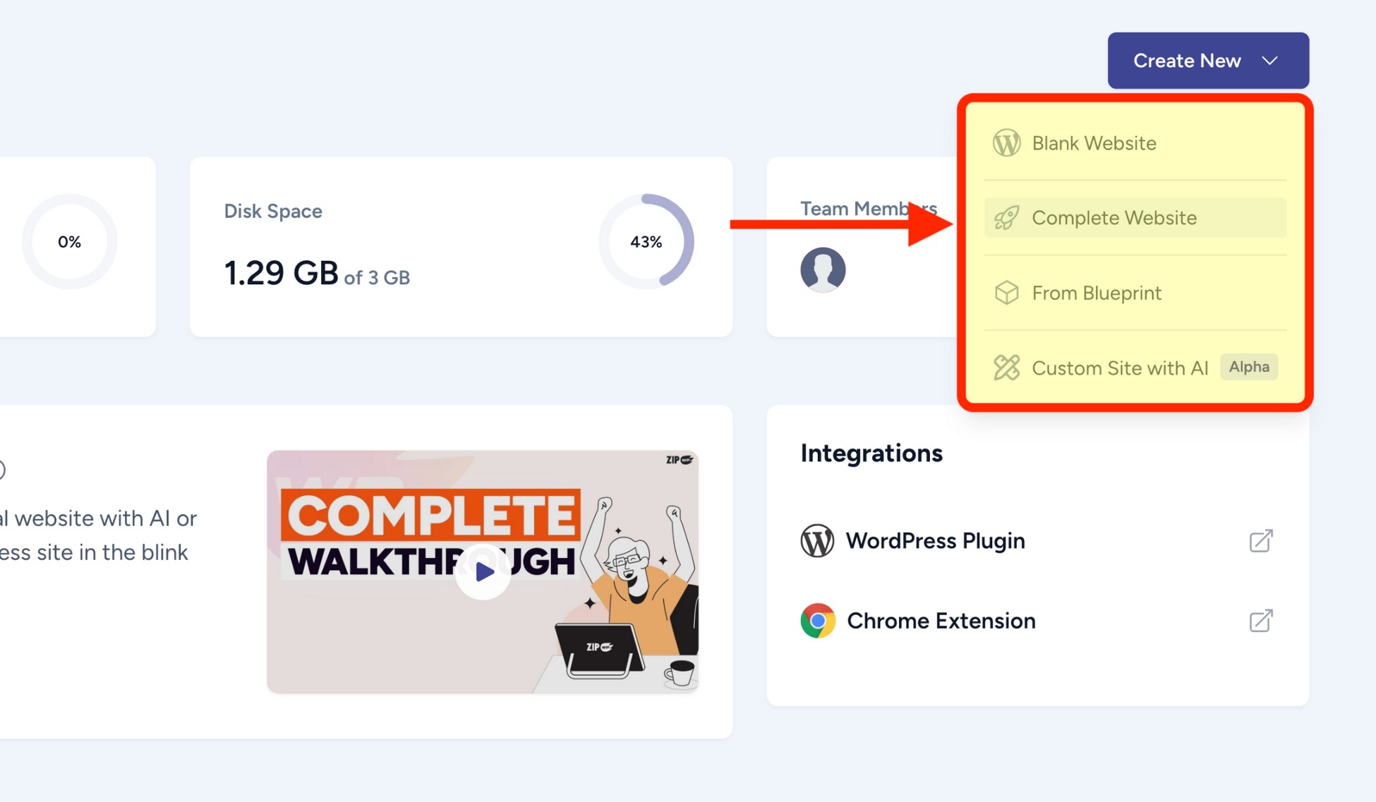 zipwp dashboard view